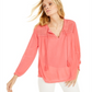 Charter Club Blusa de linho feminina com ilhós e borla, tamanho XS, vermelha