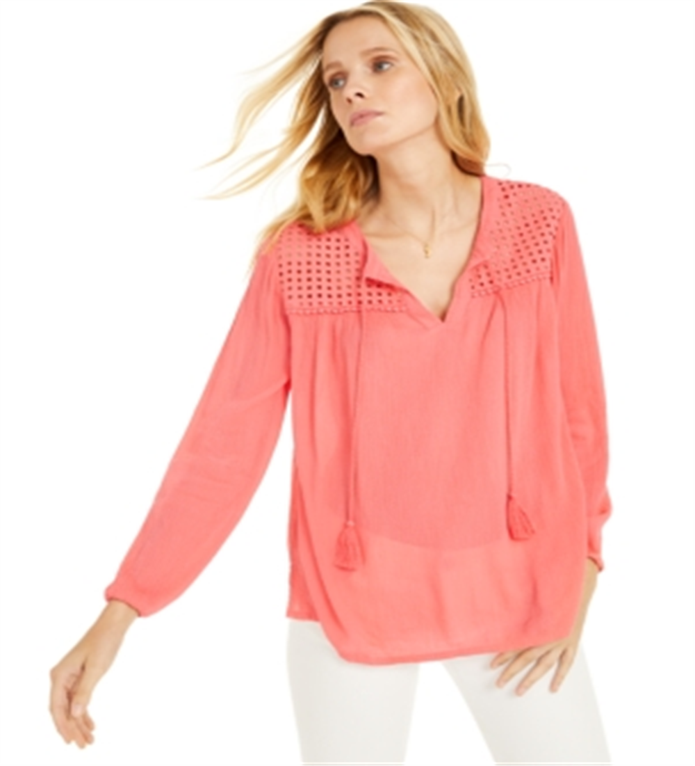 Charter Club Blusa de linho feminina com ilhós e borla, tamanho XS, vermelha