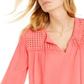 Charter Club Blusa de linho feminina com ilhós e borla, tamanho XS, vermelha