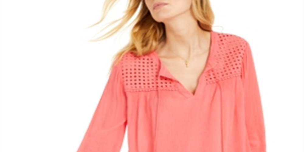 Charter Club Blusa de linho feminina com ilhós e borla, tamanho XS, vermelha