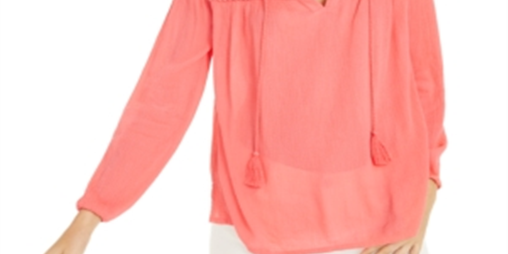 Charter Club Blusa de linho feminina com ilhós e borla, tamanho XS, vermelha