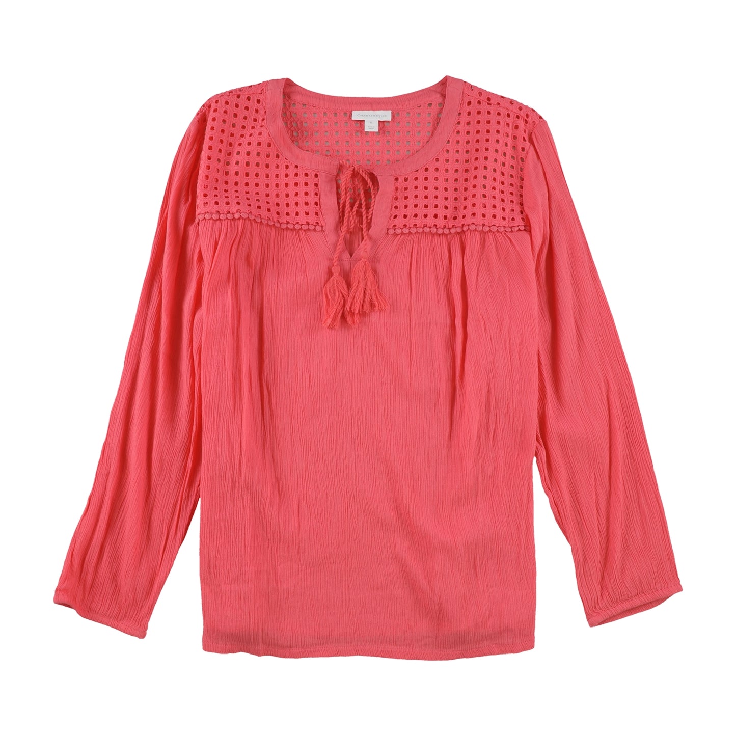 Blusa feminina Charter Club com borlas e estampa camponesa, coral, tamanho extragrande