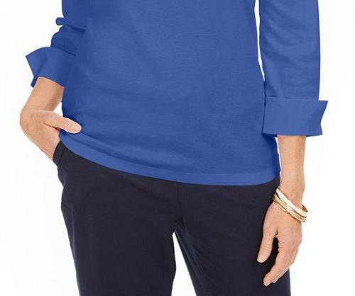 Blusa feminina Karen Scott com decote dividido e gola alta, azul, tamanho pequeno