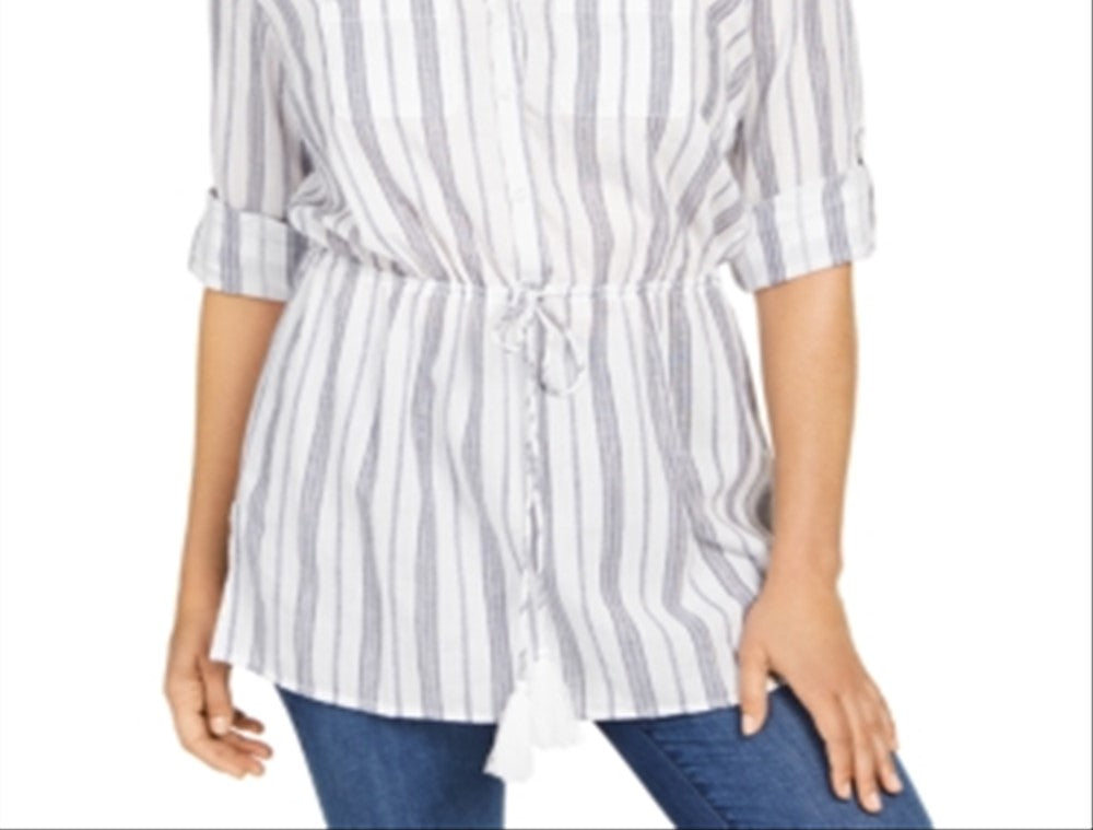 Charter Club Blusa feminina com listras metálicas e botões frontais, branca, tamanho XX-G