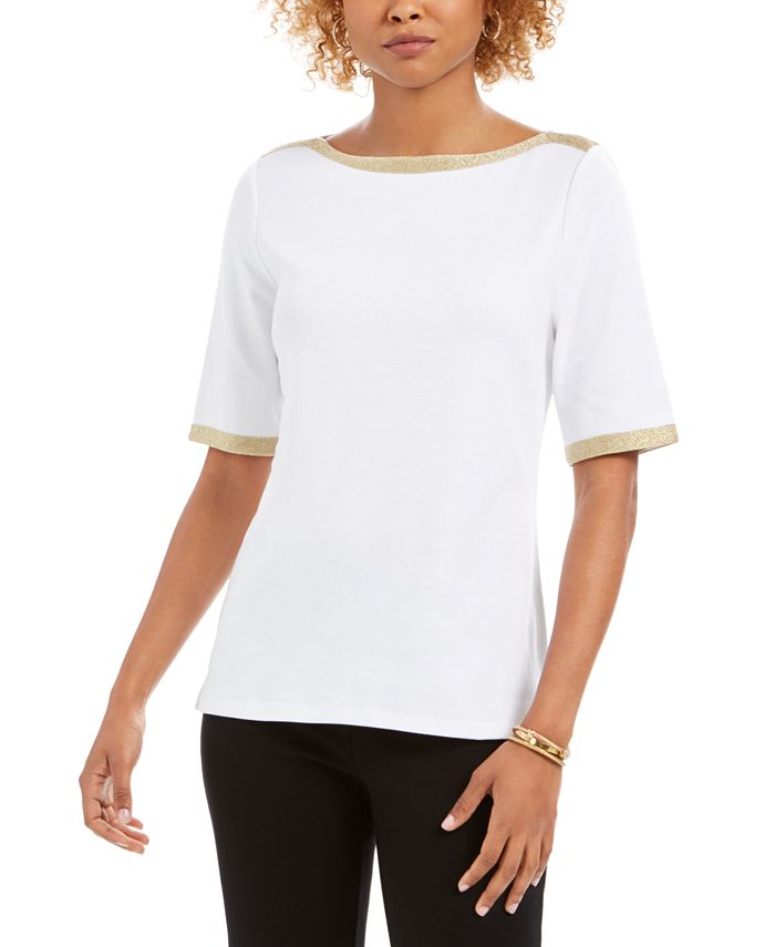 Charter Club Top feminino com decote canoa e acabamento metálico, branco, tamanho extrapequeno