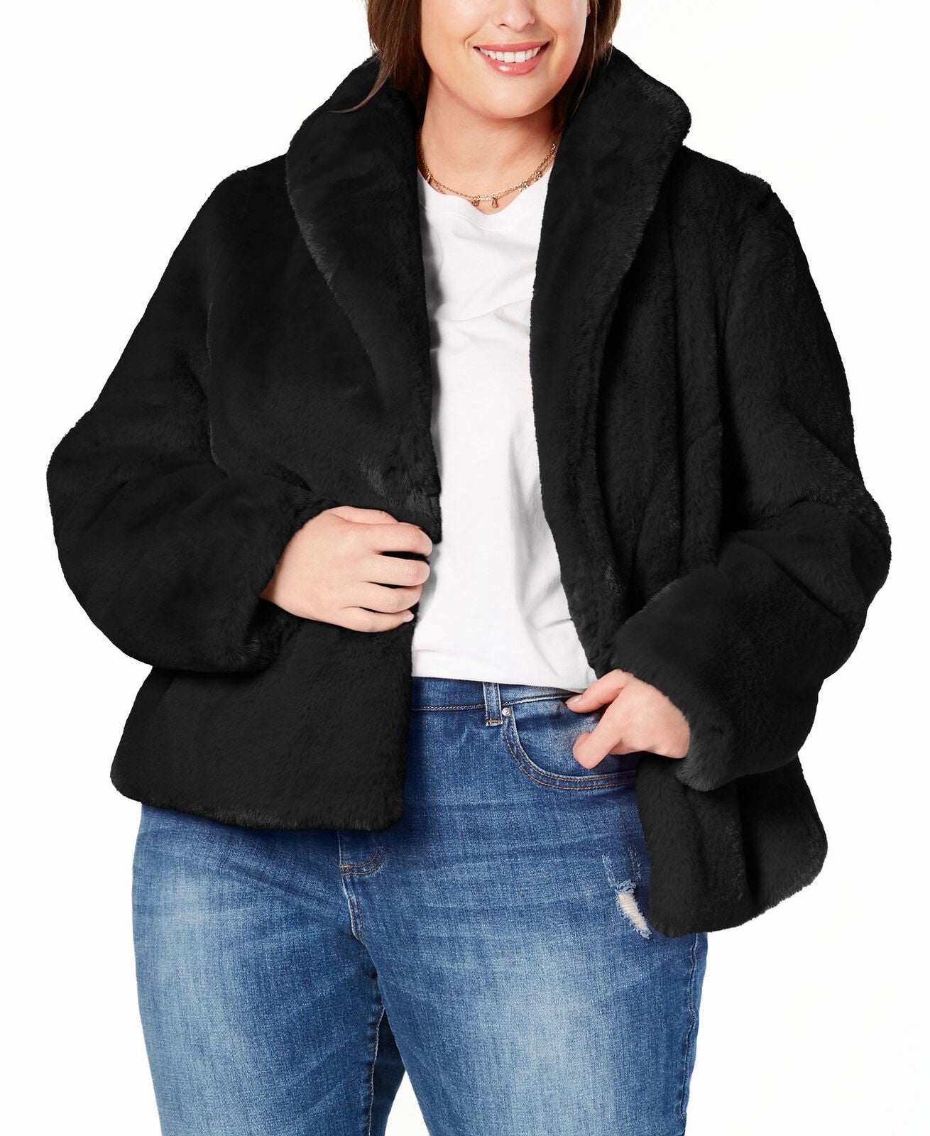 INC International Concepts Casaco de pelúcia feminino plus size de pele sintética, preto, tamanho 1X