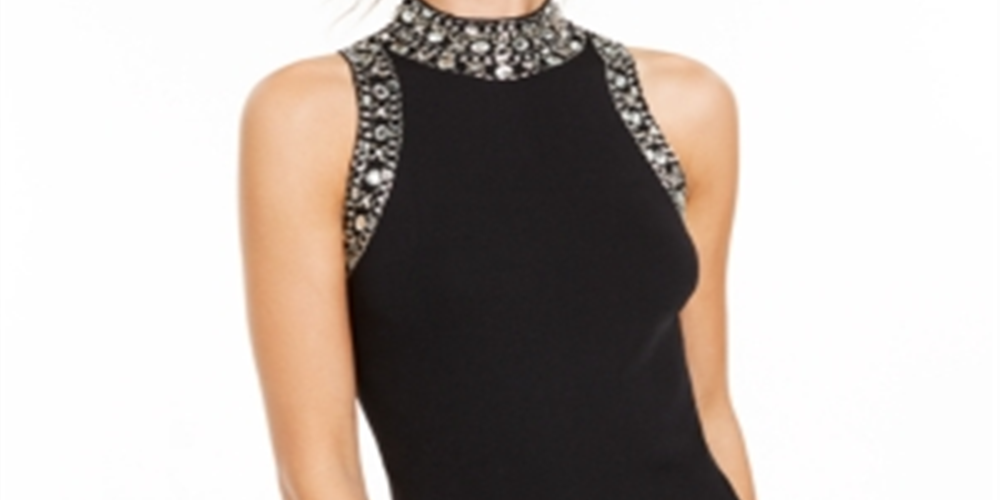 Suéter feminino com decote careca e detalhes embelezados da INC International Concepts, preto, tamanho pequeno