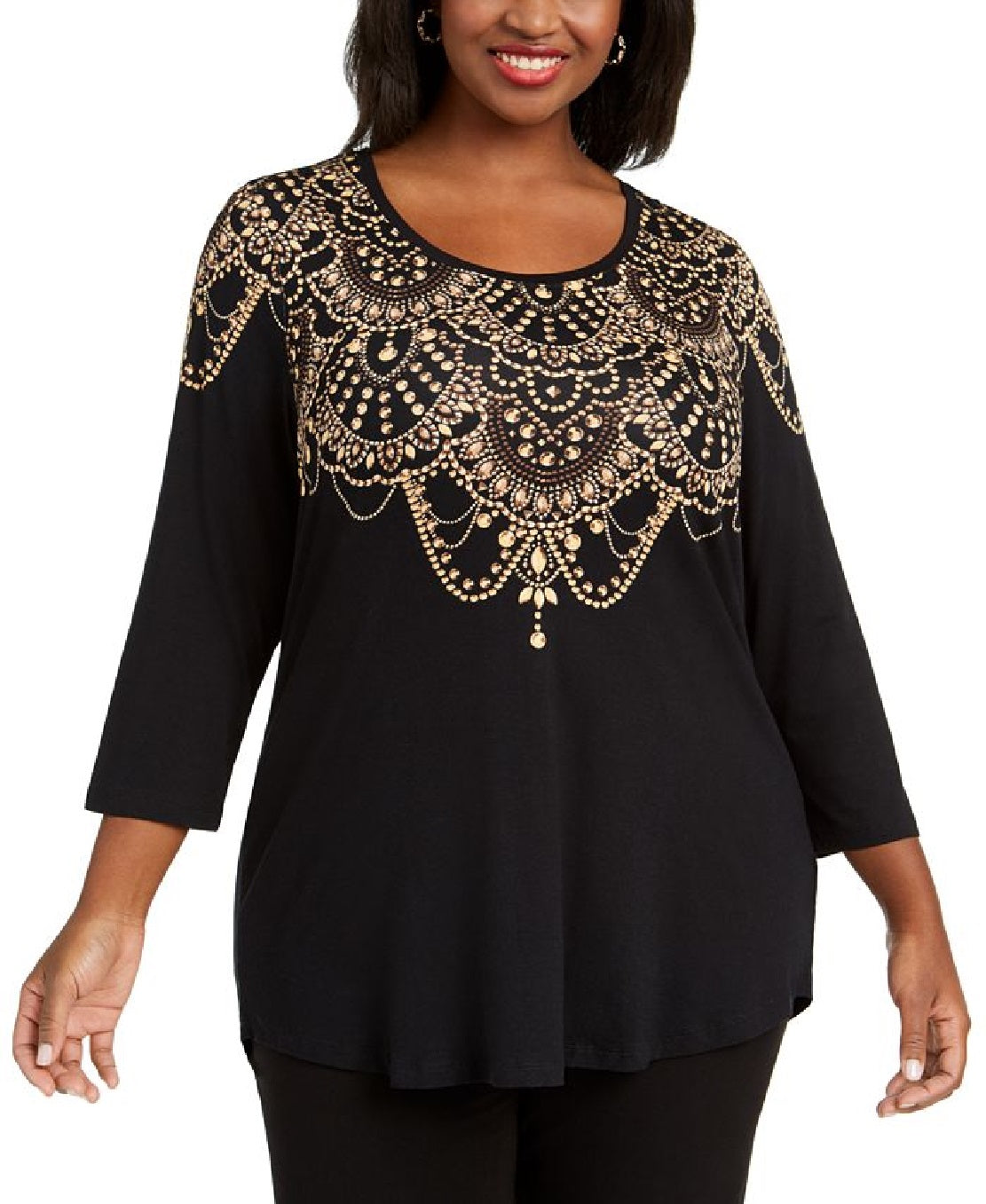 Blusa feminina estampada com manga 3/4 da coleção JM, preta, tamanho 2X