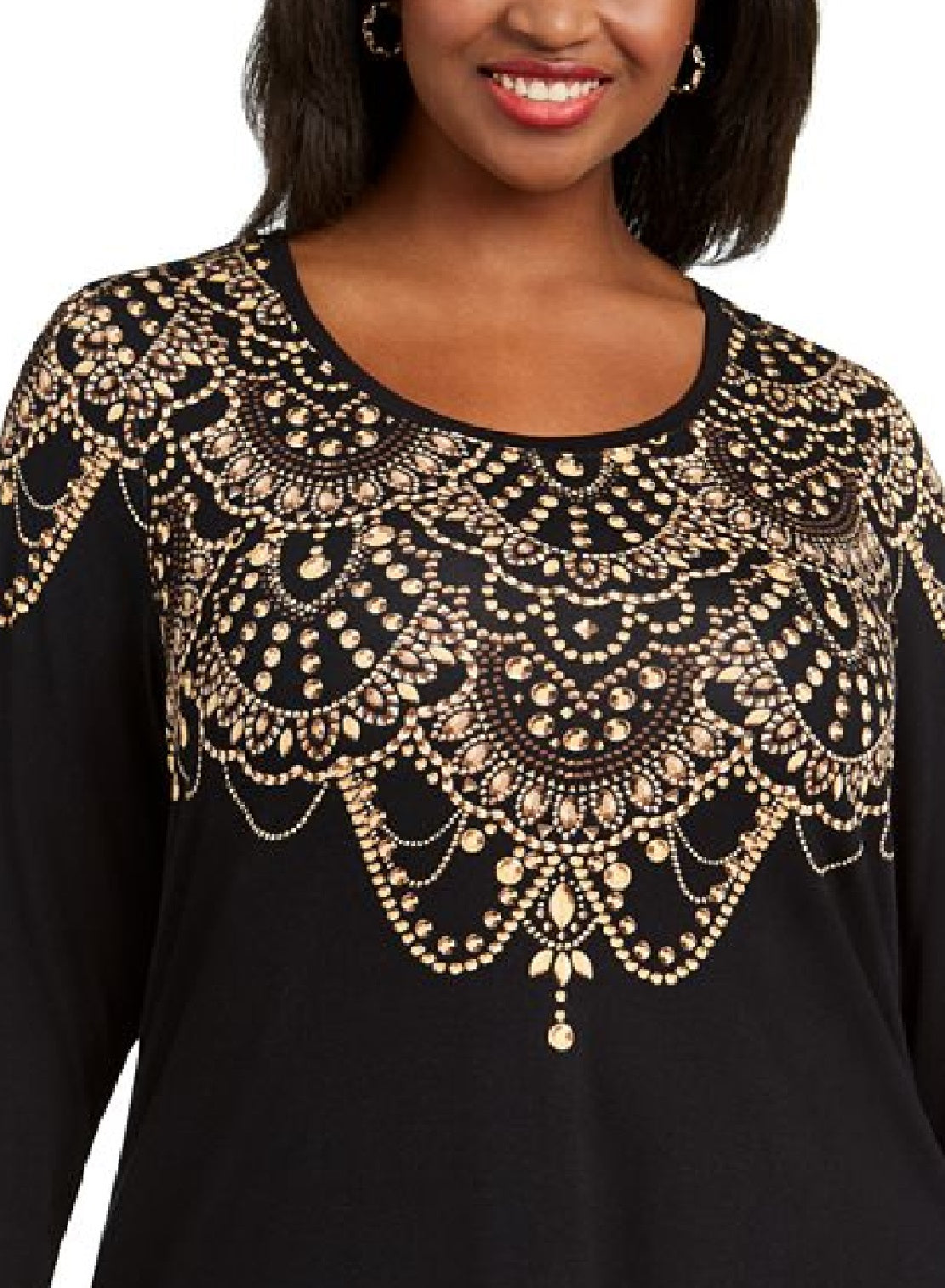 Blusa feminina estampada com manga 3/4 da coleção JM, preta, tamanho 2X