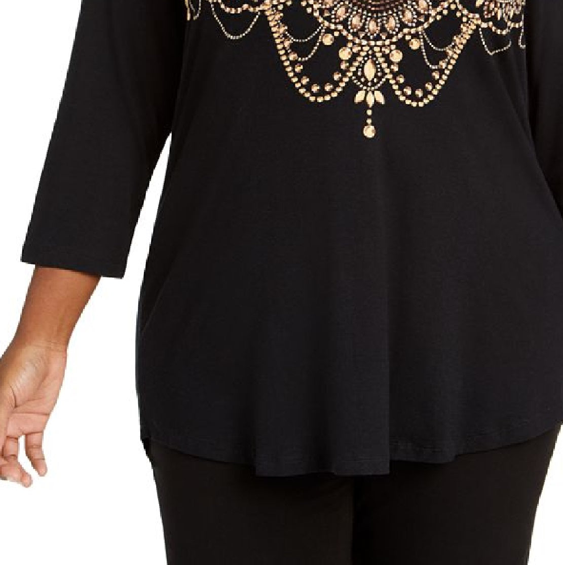 Blusa feminina estampada com manga 3/4 da coleção JM, preta, tamanho 2X