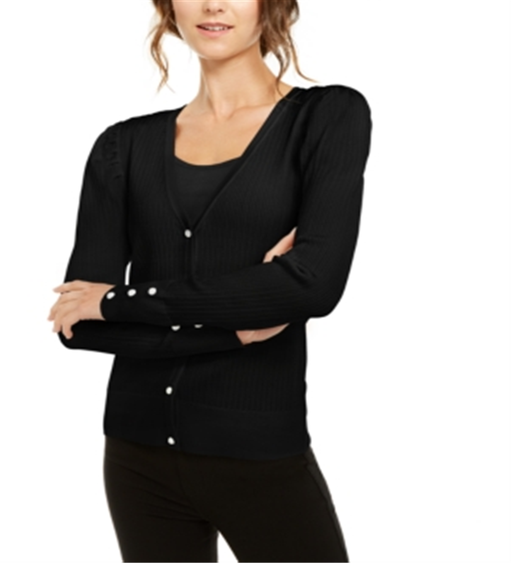 Cardigan feminino com manga bufante INC International Concepts, preto, tamanho pequeno médio