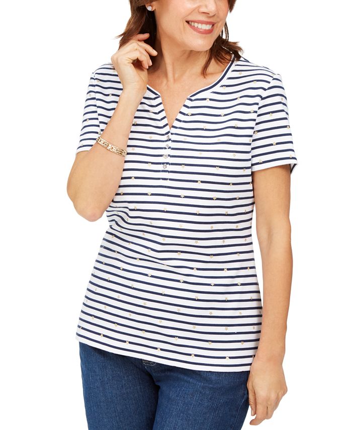 Karen Scott Top Henley Listrado Starlight Feminino Azul Tamanho P