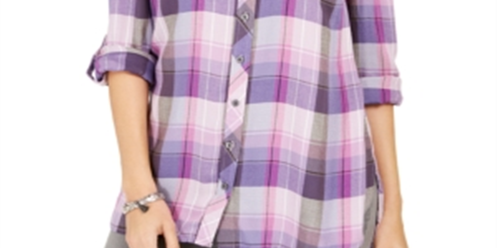 Camisa xadrez estilo boyfriend feminina estilo &amp; co, roxa, tamanho pequeno