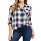 Camisa xadrez feminina de algodão com mangas curtas e abas Style &amp; Co, tamanho pequeno, azul, tamanho extragrande