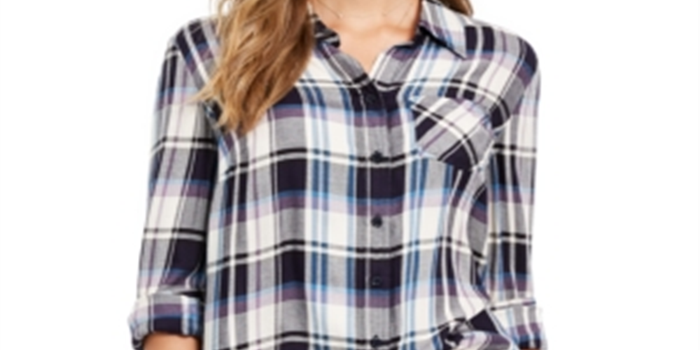 Camisa xadrez feminina de algodão com mangas curtas e abas Style &amp; Co, tamanho pequeno, azul, tamanho extragrande