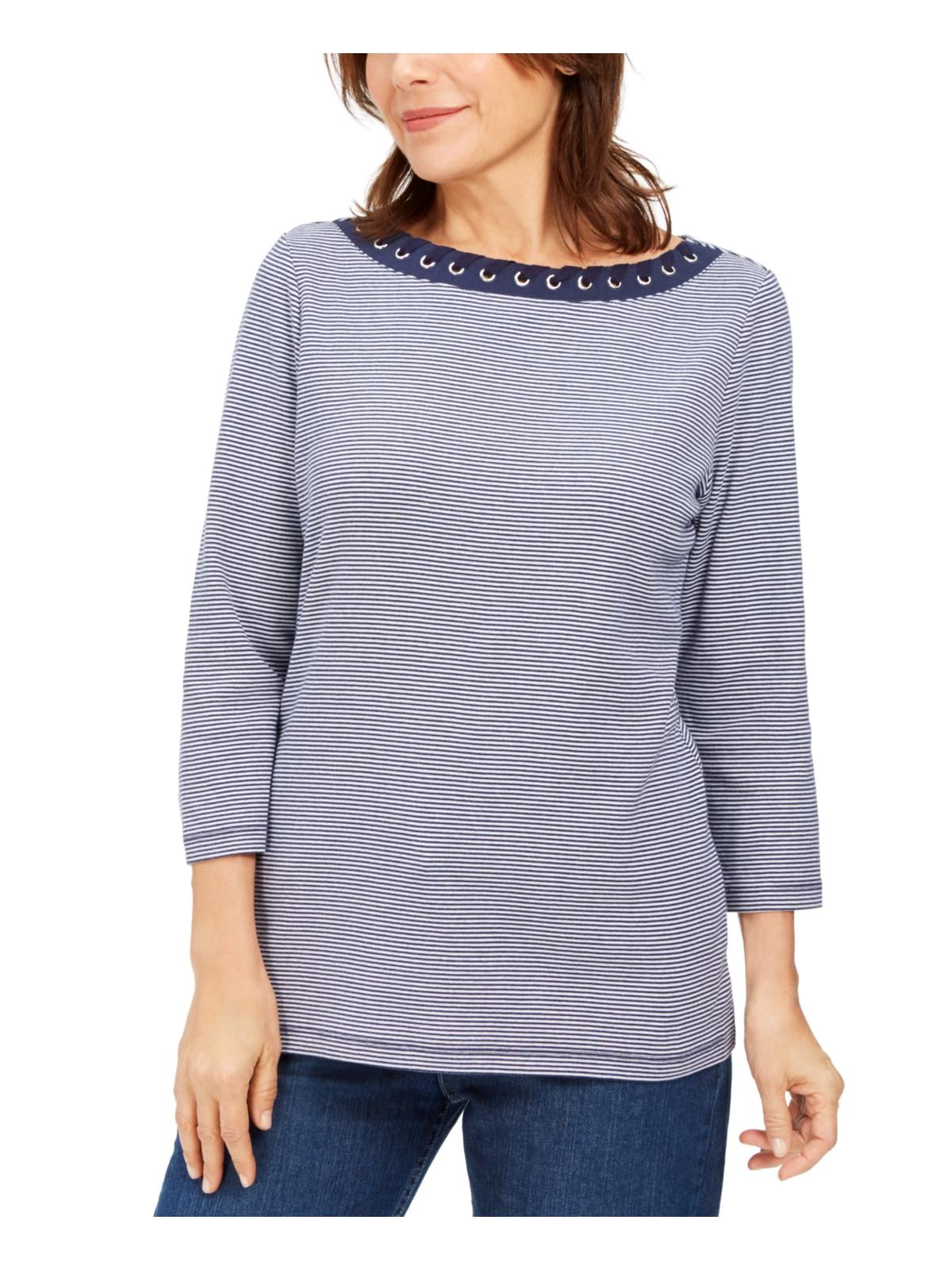 Camiseta feminina Karen Scott com listras e ilhós, tamanho M