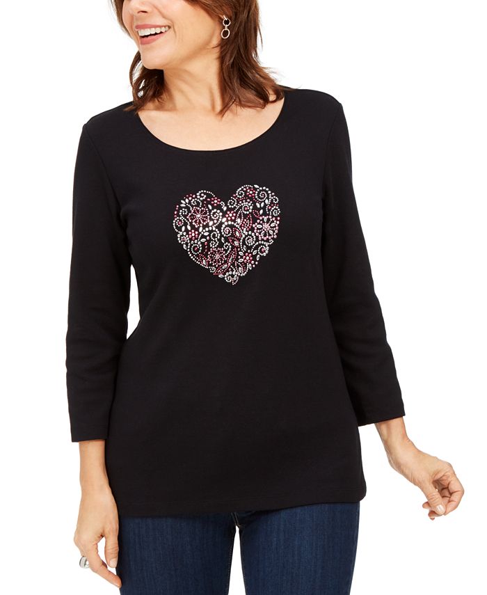 Karen Scott Top Feminino de Algodão com Coração Enfeitado Preto Tamanho Pequeno GG