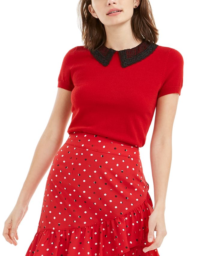 Suéter feminino Maison Jules com gola Peter Pan e manga curta, vermelho, tamanho X-G