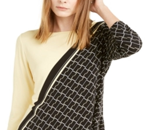 Blusa feminina Alfani com estampa de blocos de cores e manga 3/4, gola redonda, tamanho médio, amarela