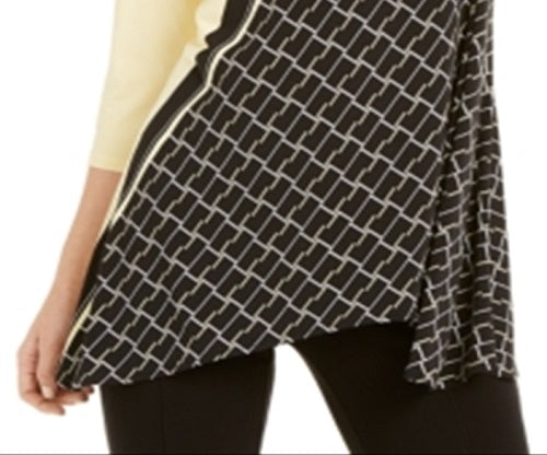 Blusa feminina Alfani com estampa de blocos de cores e manga 3/4, gola redonda, tamanho médio, amarela