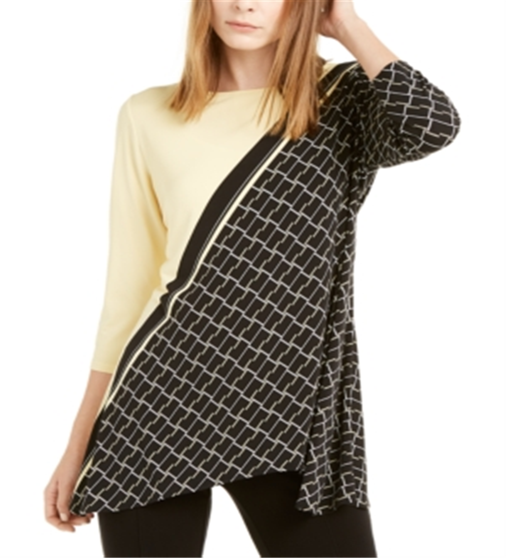 Blusa feminina Alfani com estampa de blocos de cores e manga 3/4, gola redonda, tamanho médio, amarela