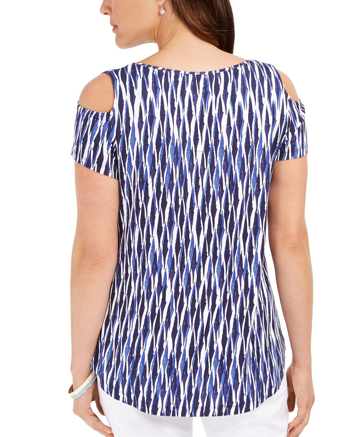 JM Collection Blusa feminina estampada com ombros descobertos, azul, tamanho X-S