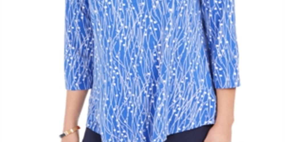 Blusa feminina estampada com manga 3/4 da coleção JM, azul, tamanho X-S