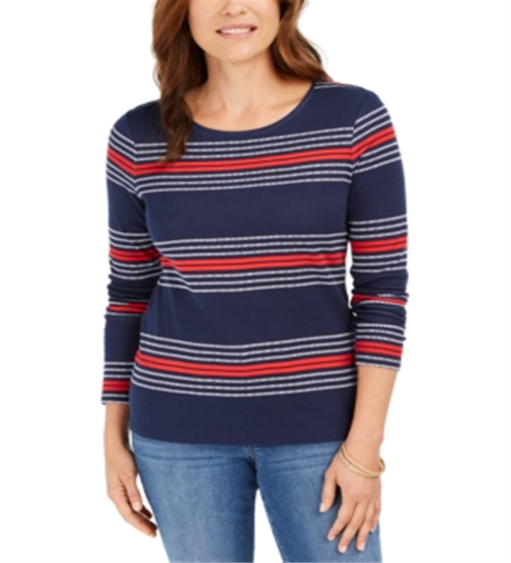 Camiseta feminina listrada de algodão Charter Club, azul, tamanho pequeno