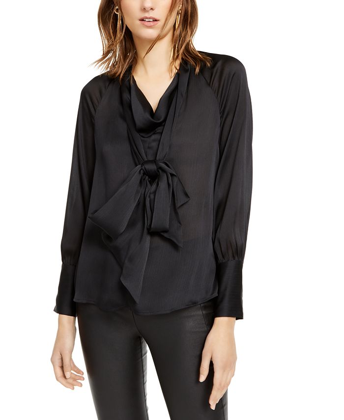 Blusa de cetim com decote em V INC International Concepts, preto profundo, tamanho GG