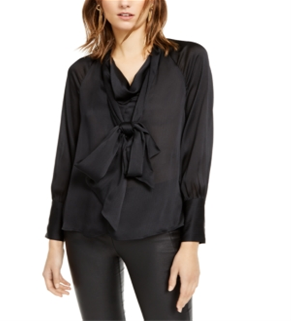 Blusa de cetim com decote em V INC International Concepts, preto profundo, tamanho GG