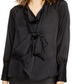 Blusa de cetim com decote em V INC International Concepts, preto profundo, tamanho GG
