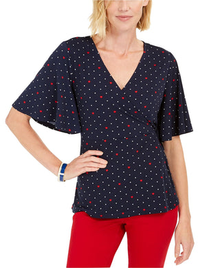 Charter Club Blusa feminina azul estampada com mangas curtas, tamanho grande