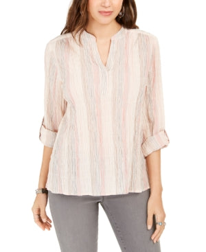 Blusa feminina listrada rosa com decote dividido, tamanho extrapequeno, da Style &amp; Co