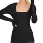 INC International Concepts Top feminino canelado com decote quadrado, preto, tamanho médio