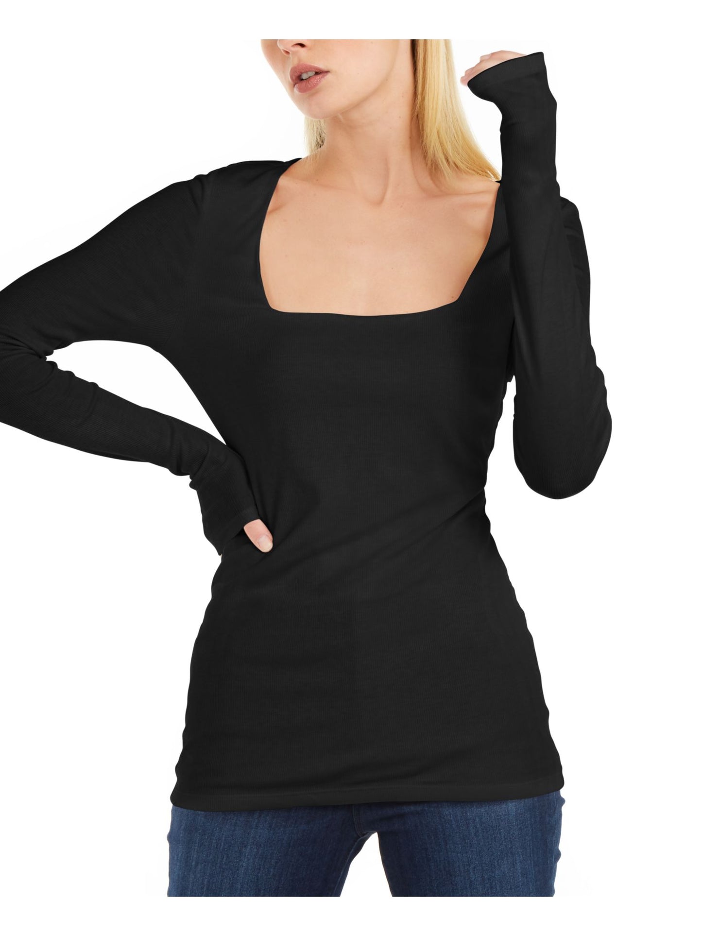 INC International Concepts Top feminino canelado com decote quadrado, preto, tamanho médio