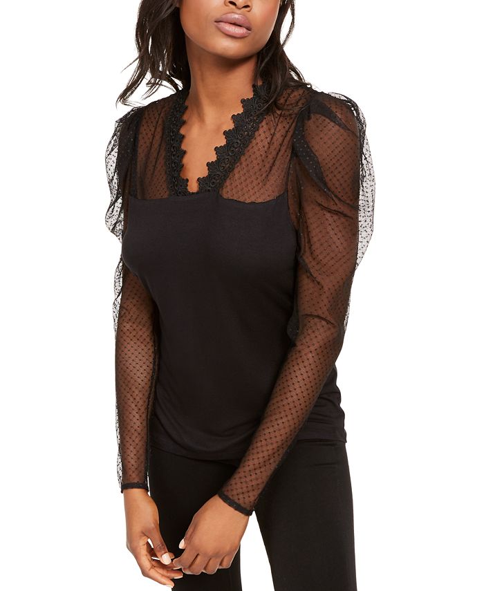 Blusa feminina com manga bufante e ilusão INC International Concepts, preta, tamanho XS