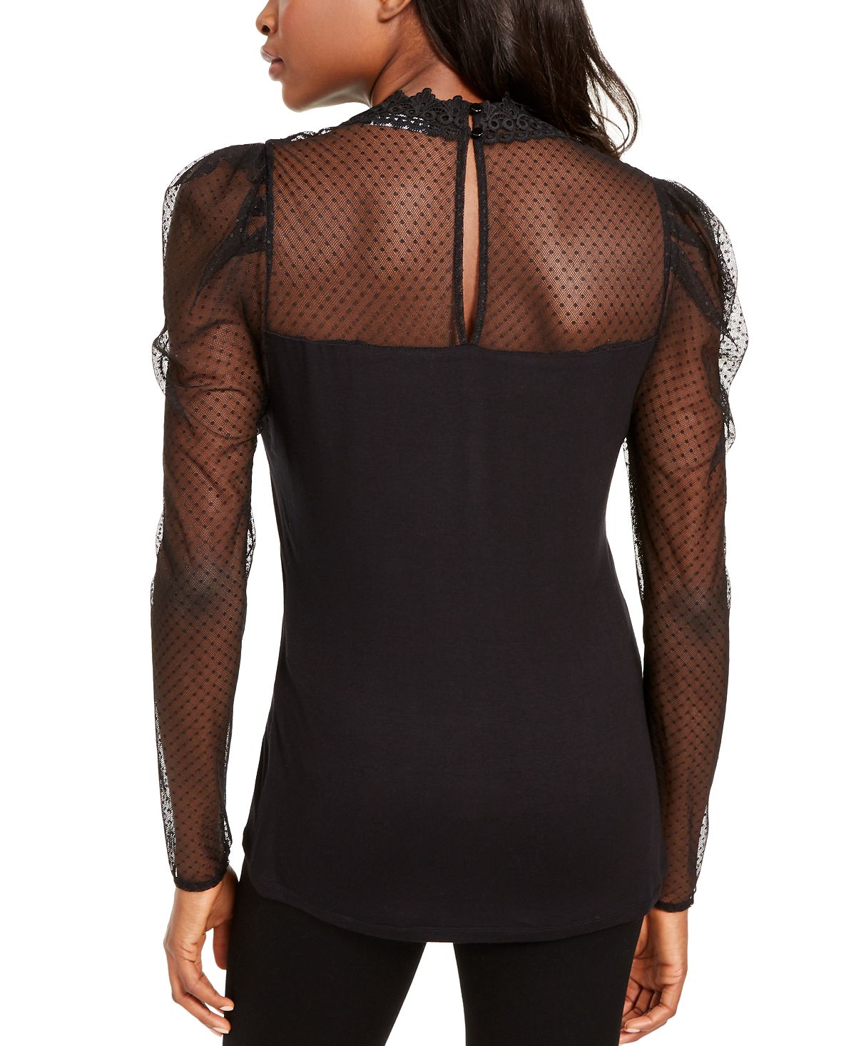 Blusa feminina com manga bufante e ilusão INC International Concepts, preta, tamanho XS