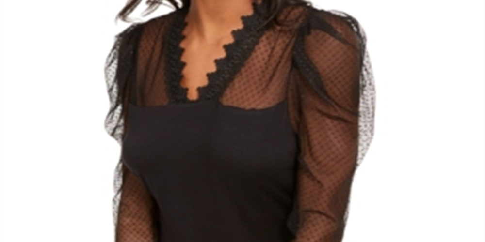 Blusa feminina com manga bufante e ilusão INC International Concepts, preta, tamanho XS