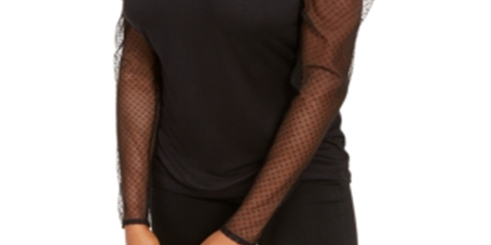 Blusa feminina com manga bufante e ilusão INC International Concepts, preta, tamanho XS