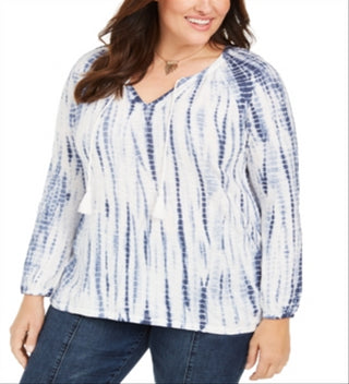 Blusa feminina estilo camponesa de algodão tingido estilo tie-dye azul tamanho 3X