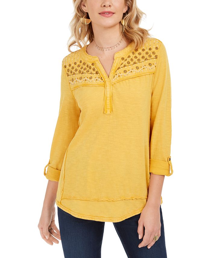 Camisa de algodão bordado Style &amp; Co, amarela, tamanho 2XL