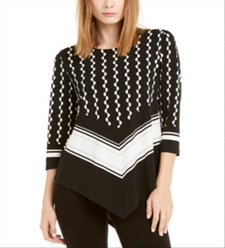 Blusa feminina Alfani com estampa mista e bainha pontuda, preta, tamanho médio