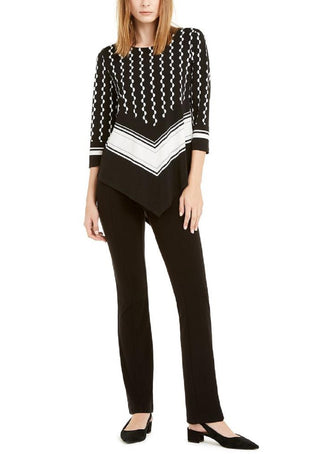 Blusa feminina Alfani com estampa mista e bainha pontuda, preta, tamanho médio