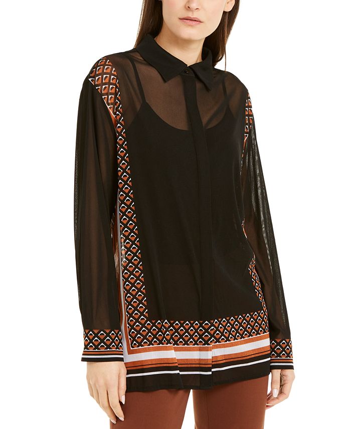 Blusa feminina estampada com botões Alfani, preta, tamanho pequeno