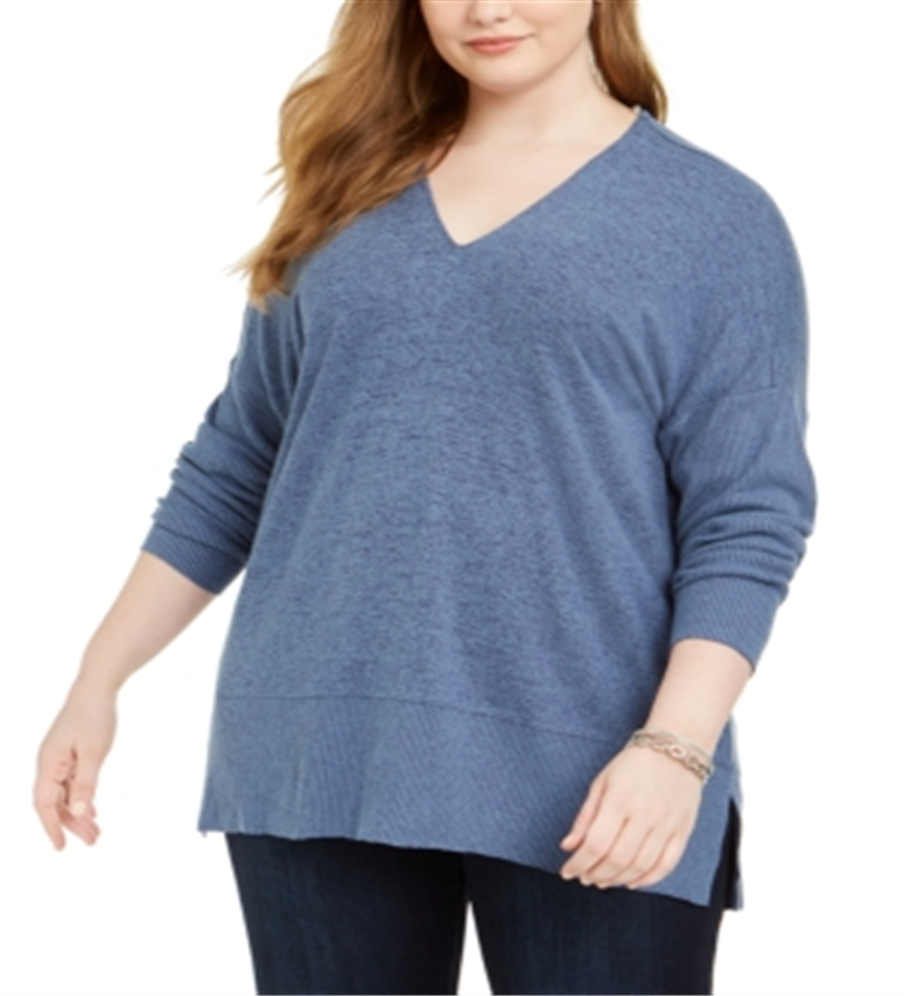 Suéter feminino plus size canelado com decote em V, azul, tamanho 0X, da Style &amp; Co