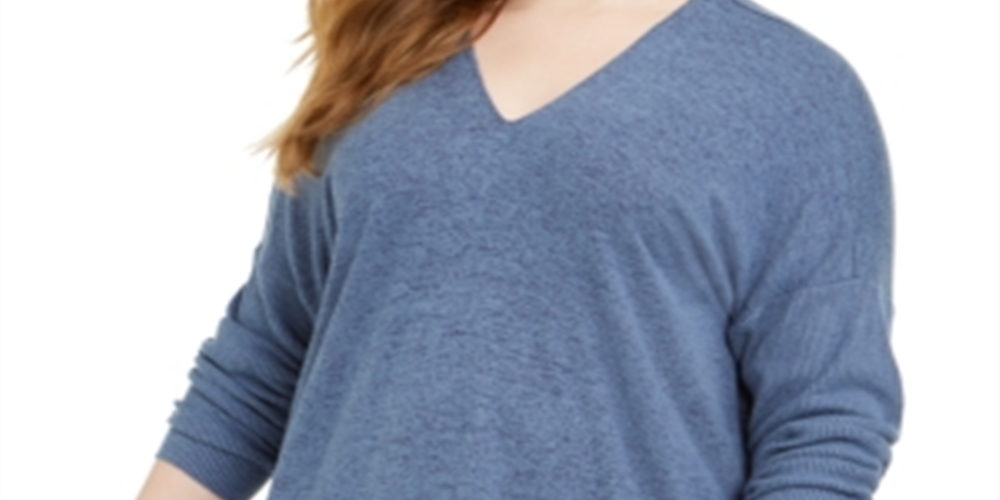 Suéter feminino plus size canelado com decote em V, azul, tamanho 0X, da Style &amp; Co