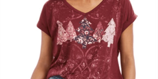 Top feminino com estampa de árvore vermelha Style &amp; Co tamanho pequeno