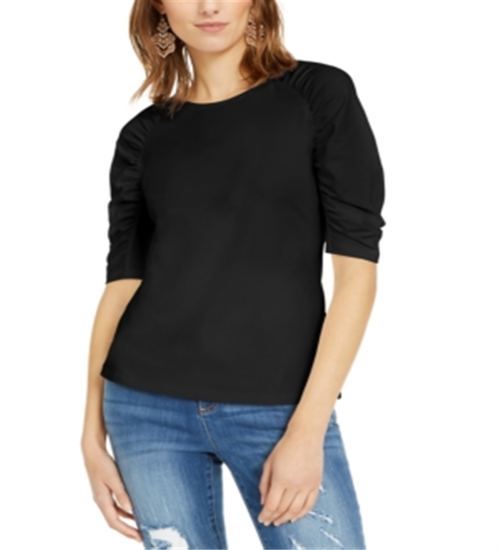 Camiseta feminina com manga franzida da INC International Concepts, preta, tamanho pequeno G