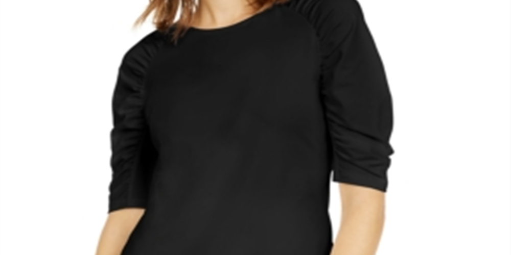 Camiseta feminina com manga franzida da INC International Concepts, preta, tamanho pequeno G