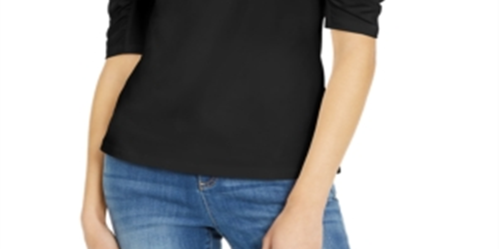 Camiseta feminina com manga franzida da INC International Concepts, preta, tamanho pequeno G